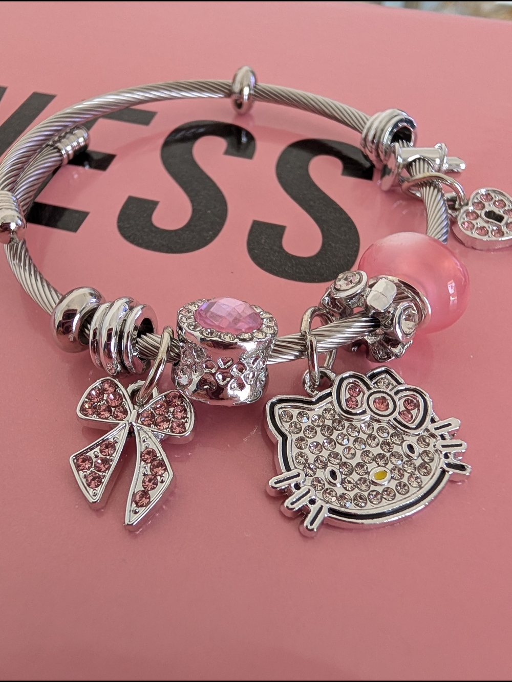 Hello Kitty Silver and Pink Charm Bangle Bracelet